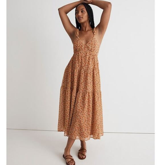 Madewell Georgette Ruffle-Sleeve Tiered Midi Dress in Daisy Meadow Size 6 NWT